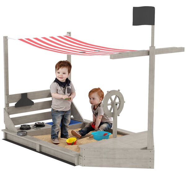 Outsunny Velký Pískoviště s Krytem ve Tvaru Lodi s Kuchyňkou pro Děti 3-7 Let Šedá 180 x 103 x 144,5 cm | Aosom