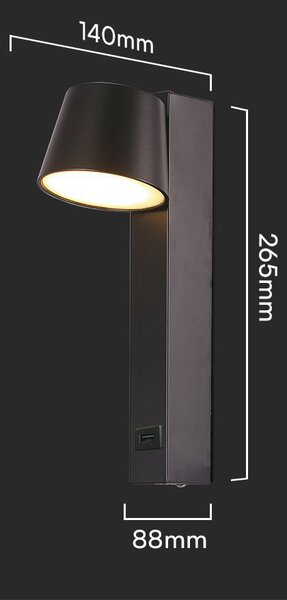 LED Solution Černé nástěnné LED svítidlo kuželové s USB portem 8W 23406