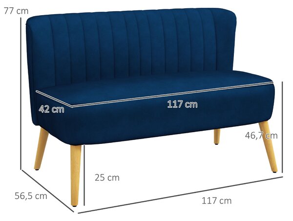HOMCOM dvojmístná pohovka s efektem sametu pro obývací pokoj nebo ložnici — tmavě modrá, 117 x 56,5 x 77 cm | Aosom