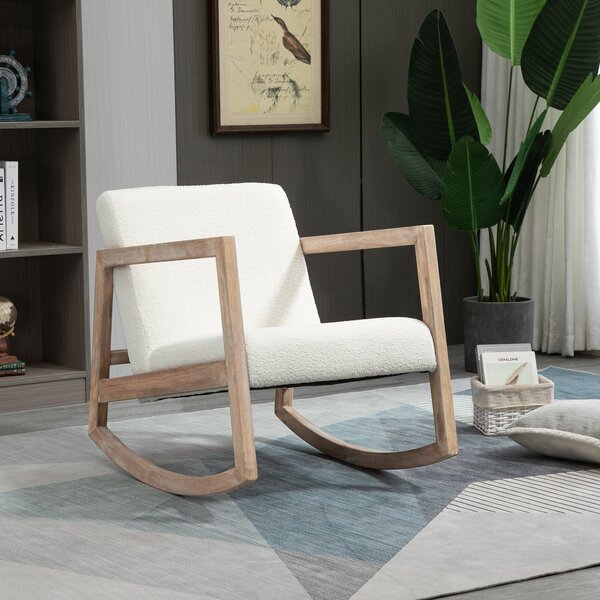 HOMCOM Houpací Křeslo s Dřevěným Rámem, Čalouněné Relaxační Křeslo s Polstrovaným Sedákem z Gumovníku Krém 60 x 81 x 71 cm | Aosom