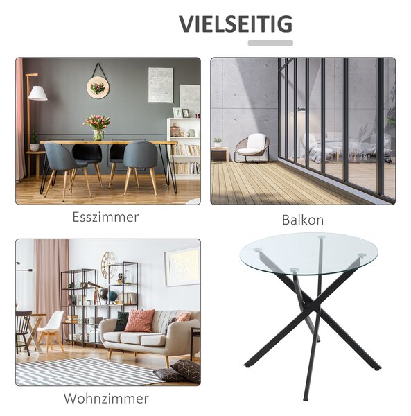 HOMCOM Kulatý Jídelní Stůl pro 4 Osoby, Kulatý Jídelní Stůl s Křížovými Nohami, Temperované Sklo, pro Jídelnu, Kuchyň, Ø80 x 75 cm, Moderní Design, Če