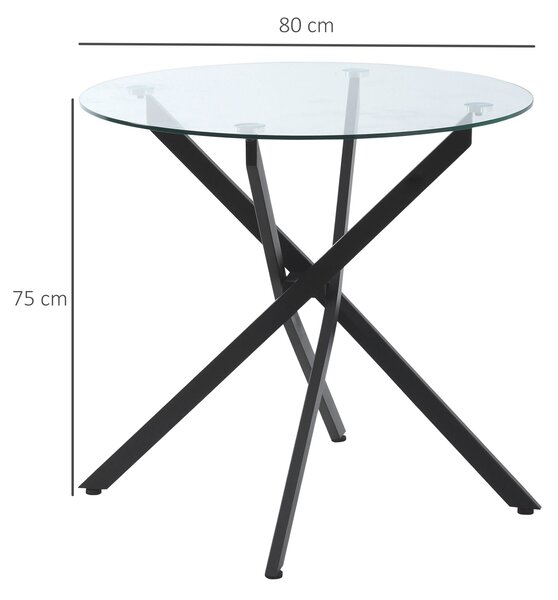 HOMCOM Kulatý Jídelní Stůl pro 4 Osoby, Kulatý Jídelní Stůl s Křížovými Nohami, Temperované Sklo, pro Jídelnu, Kuchyň, Ø80 x 75 cm, Moderní Design, Če