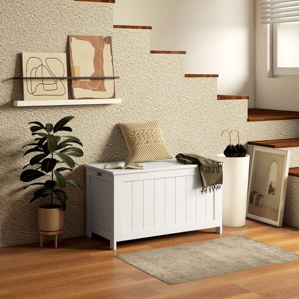 HOMCOM Box na hračky s víkem, úložný kufr, truhla na hračky, úložná krabice, lavička do chodby, ložnice, obývacího pokoje, 81 x 40 x 46 cm, Bílá | Aos