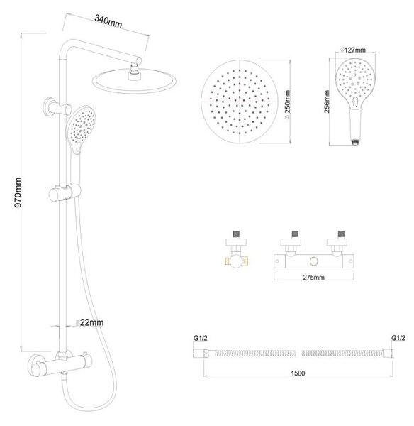 Erga Bergen Therm, sprchová souprava s termostatickou baterií a dešťovou hlavicí 25cm, černá matná, ERG-YKA-BP.BERGEN-THERM-25-BLK