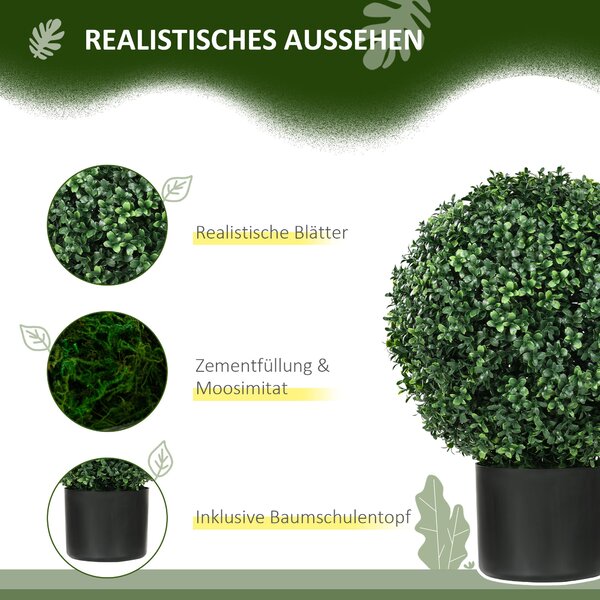 HOMCOM Set 2 Umělých Buxusových Stromů 52cm, Kulatá Umělá Rostlina v Květináči, Realistické Umělé Rostliny pro Dekoraci Obývacího Pokoje, Ložnice a Ka