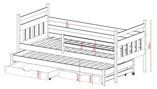 Dětská postel z masivu borovice DAN s přistýlkou a šuplíky - 200x90 cm - bílá