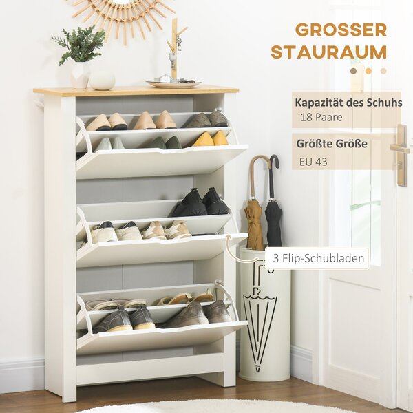 HOMCOM Botník se 3 Klapkami, Botník, Úzký Botník s Nastavitelným Dělením, Botník pro 18 Párů Bot 72 x 26 x 112 cm, Bílo+přírodní | Aosom