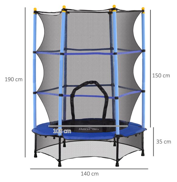 HOMCOM Dětský Trampolína Ø140 cm, Trampolína s Ochrannou Síťkou, Krytem Okrajů, Zahradní Trampolína pro Děti 3-10 Let, Do 50 kg, Modrá | Aosom