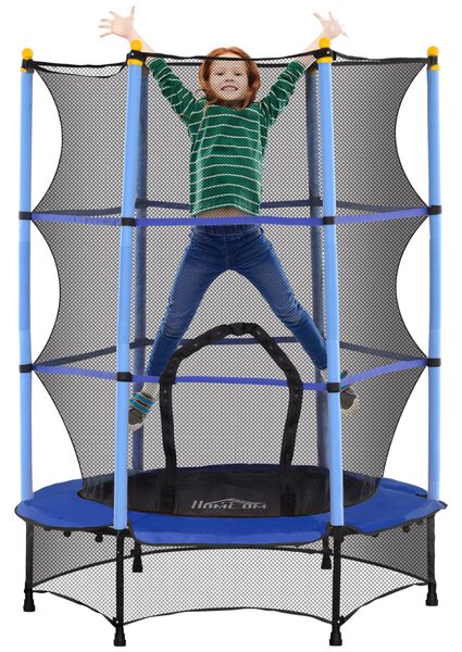 HOMCOM Dětský Trampolína Ø140 cm, Trampolína s Ochrannou Síťkou, Krytem Okrajů, Zahradní Trampolína pro Děti 3-10 Let, Do 50 kg, Modrá | Aosom