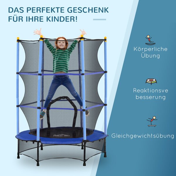 HOMCOM Dětský Trampolína Ø140 cm, Trampolína s Ochrannou Síťkou, Krytem Okrajů, Zahradní Trampolína pro Děti 3-10 Let, Do 50 kg, Modrá | Aosom