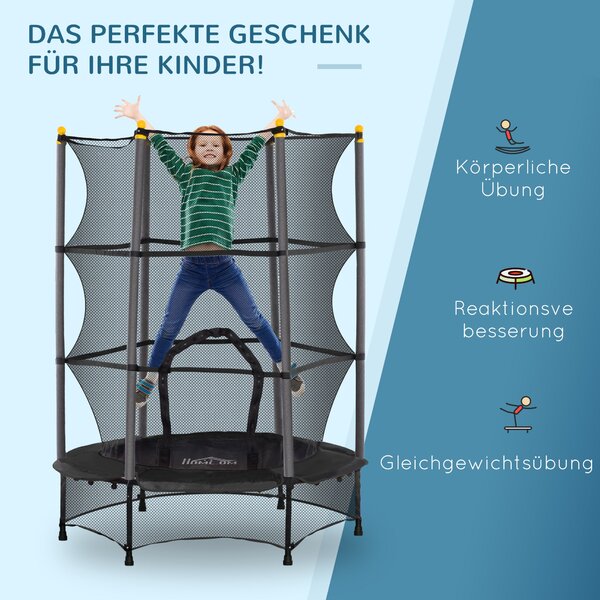 HOMCOM Dětská trampolína Ø140 cm, trampolína s ochrannou sítí a ochranným poklopem, zahradní trampolína pro děti 3-10 let, nosnost až 50 kg, černá | A