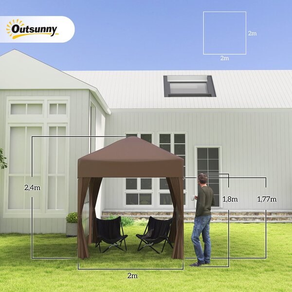 Outsunny Pavilon 2x2m Voděodolný, Skládací Pavilon s 4 Bočními Stěnami, Okenními Odtokovými Otvory, Skládací Párty Stan UV 30+, Zahradní Stan s Přepra