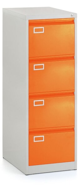 Kovová kartotéka A4 - 4 zásuvky, 45,5 x 62 x 132 cm, cylindrický zámek, oranžová - ral 2004