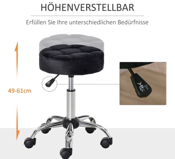 HOMCOM Kadeřnická židle na kolečkách otočný stolička s nastavitelnou výškou sametový dotek pěnový základ chrom černá 35 x 35 x 49-61 cm | Aosom