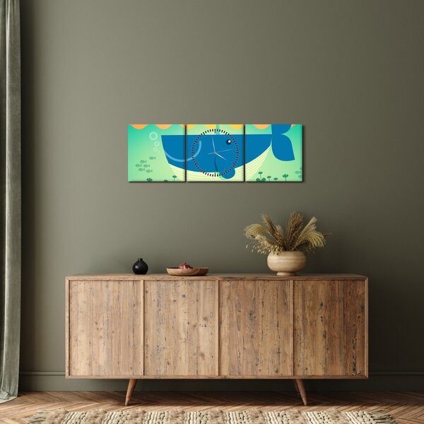 Obraz - Veselá velryba v moři (s hodinami) (90x30 cm)