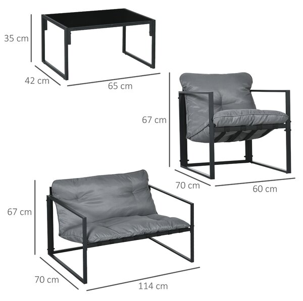 Sada zahradního nábytku Outsunny pro 4 osoby - ocelová a povětrnostním vlivům odolná sada nábytku na balkon s 2-místnou pohovkou, křeslem a skleněným