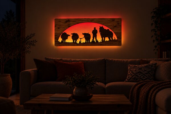 "Člověk, kůň a býk" světelný obraz 230V RGBW 100x50 cm provedení povrchu: dub