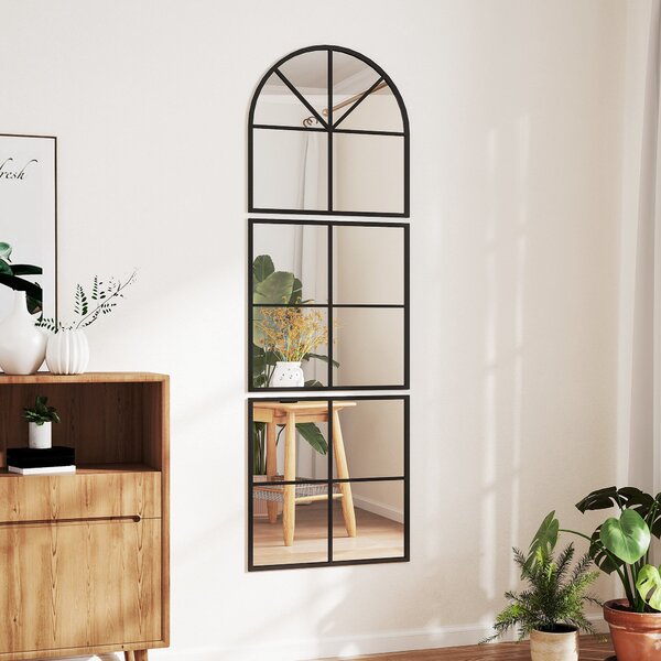 HOMCOM nástěnné zrcadlo 60 x 180 cm trojdílné, zakřivené zrcadlo s kovovým rámem, dekorativní visící zrcadlo, okno zrcadlo pro koupelnu a obývací poko