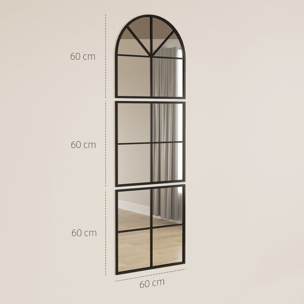 HOMCOM nástěnné zrcadlo 60 x 180 cm trojdílné, zakřivené zrcadlo s kovovým rámem, dekorativní visící zrcadlo, okno zrcadlo pro koupelnu a obývací poko