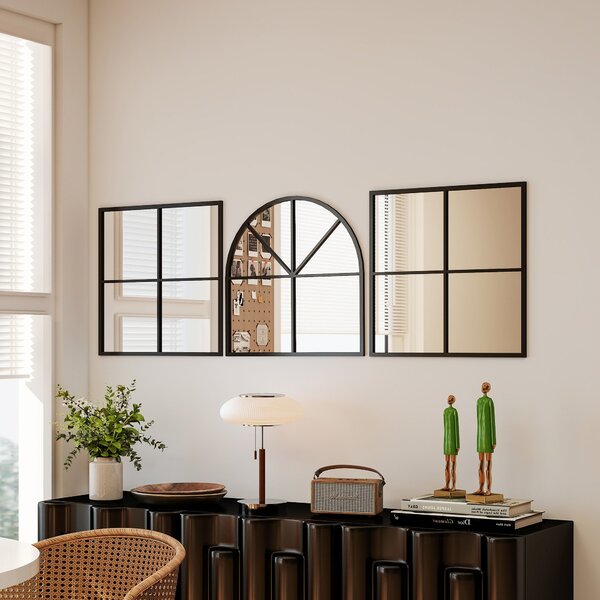 HOMCOM nástěnné zrcadlo 60 x 180 cm trojdílné, zakřivené zrcadlo s kovovým rámem, dekorativní visící zrcadlo, okno zrcadlo pro koupelnu a obývací poko