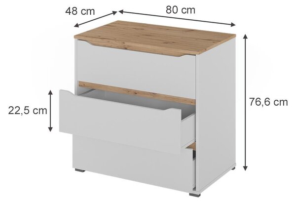Kredenc Vicco Ruben Bílá/Řemeslný dub 80 x 76.6 cm se 3 zásuvkami, Model 62886