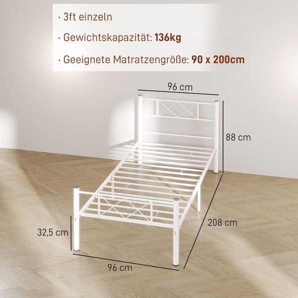 Rám postele HOMCOM pro matraci 200 x 90 cm, 88 cm vysoký jednolůžkový rám z oceli, pro ložnici či pokoj pro hosty, Bílý | Aosom