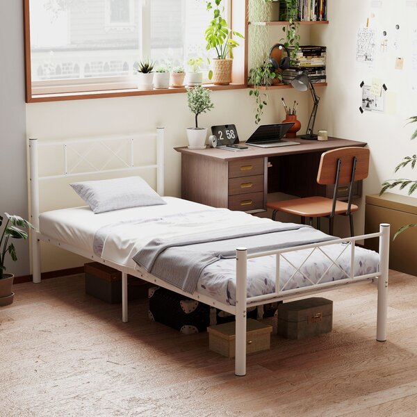 Rám postele HOMCOM pro matraci 200 x 90 cm, 88 cm vysoký jednolůžkový rám z oceli, pro ložnici či pokoj pro hosty, Bílý | Aosom