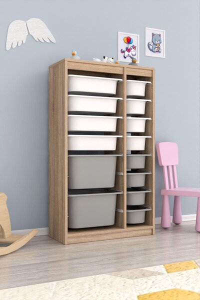 Organizér na hračky Dremonka 6 (dub sonoma + bílá + šedá)
