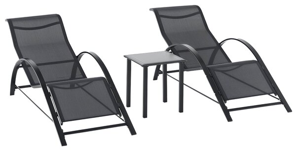 Outsunny Sada Zahradních Lehátků Metal Mesh 3-dílná Sada Lehátka se Servírovacím Stolkem Zahradní Nábytek se 2 Lehátky a 1 Bočním Stolkem Skupina Seda