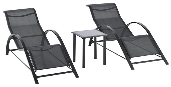 Outsunny Sada Zahradních Lehátků Metal Mesh 3-dílná Sada Lehátka se Servírovacím Stolkem Zahradní Nábytek se 2 Lehátky a 1 Bočním Stolkem Skupina Seda