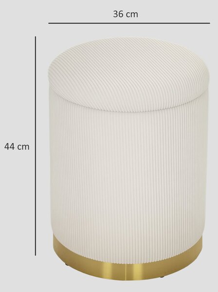HOMCOM úložný taburet s víkem, ocelová základna, kulatý čalouněný taburet s protiskluzovými podložkami, vzhled kordu 36 x 36 x 44 cm krémový | Aosom