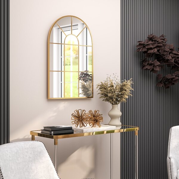 Zrcadlo na stěnu HOMCOM 91 x 60 cm Okenní zrcadlo s kovovým rámem Dekorativní zavěšené zrcadlo Zrcadlo do předsíně do ložnice nebo obývacího pokoje Zl