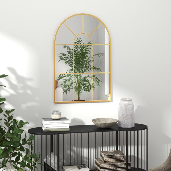 Zrcadlo na stěnu HOMCOM 91 x 60 cm Okenní zrcadlo s kovovým rámem Dekorativní zavěšené zrcadlo Zrcadlo do předsíně do ložnice nebo obývacího pokoje Zl
