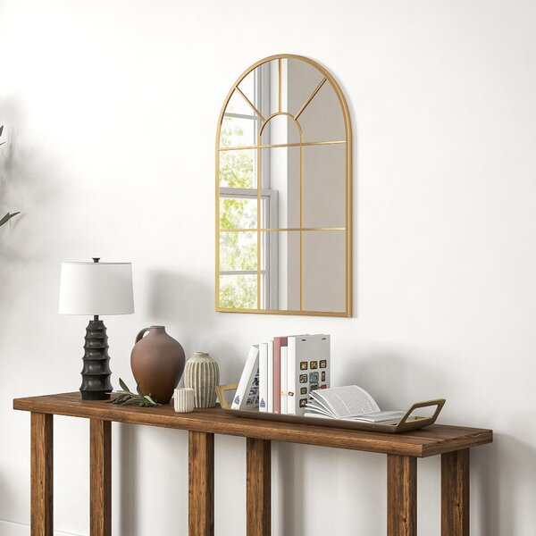 Zrcadlo na stěnu HOMCOM 91 x 60 cm Okenní zrcadlo s kovovým rámem Dekorativní zavěšené zrcadlo Zrcadlo do předsíně do ložnice nebo obývacího pokoje Zl