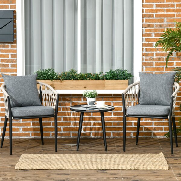 Outsunny 3-dílná zahradní souprava, bistro set zahrnující 1 stůl a 2 židle s polstry, balkonový set, zahradní nábytek pro terasu a balkon, ocel, šedá
