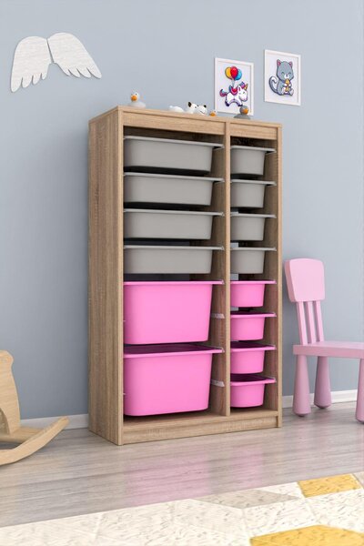 Organizér na hračky Dremonka 6 (dub sonoma + šedá + růžová)