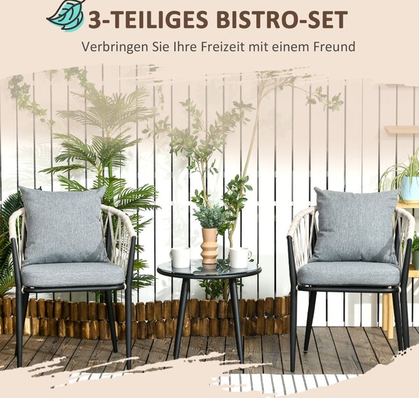 Outsunny 3-dílná zahradní souprava, bistro set zahrnující 1 stůl a 2 židle s polstry, balkonový set, zahradní nábytek pro terasu a balkon, ocel, šedá