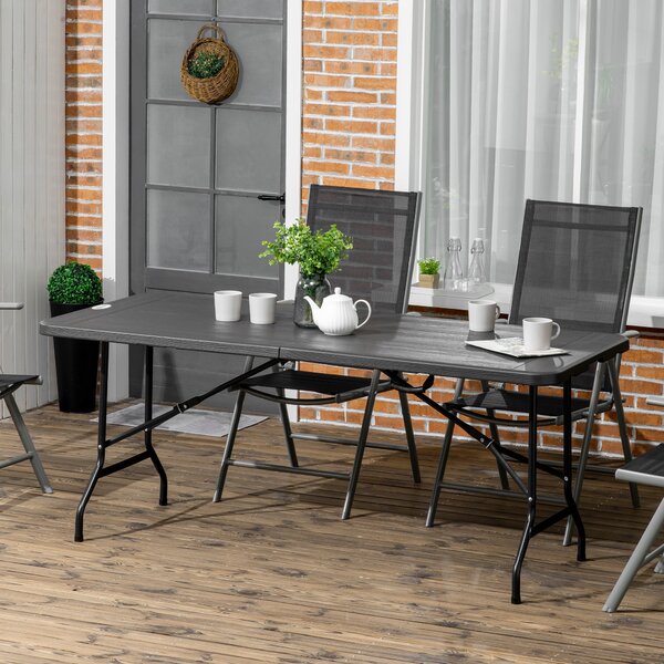 Skládací zahradní stůl Outsunny pro 6 osob, bufetový stůl se železnou konstrukcí, stůl v dřevěném vzhledu, HDPE, 180 x 75,5 x 73 cm, tmavě šedý | Aoso