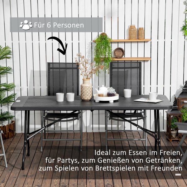 Skládací zahradní stůl Outsunny pro 6 osob, bufetový stůl se železnou konstrukcí, stůl v dřevěném vzhledu, HDPE, 180 x 75,5 x 73 cm, tmavě šedý | Aoso