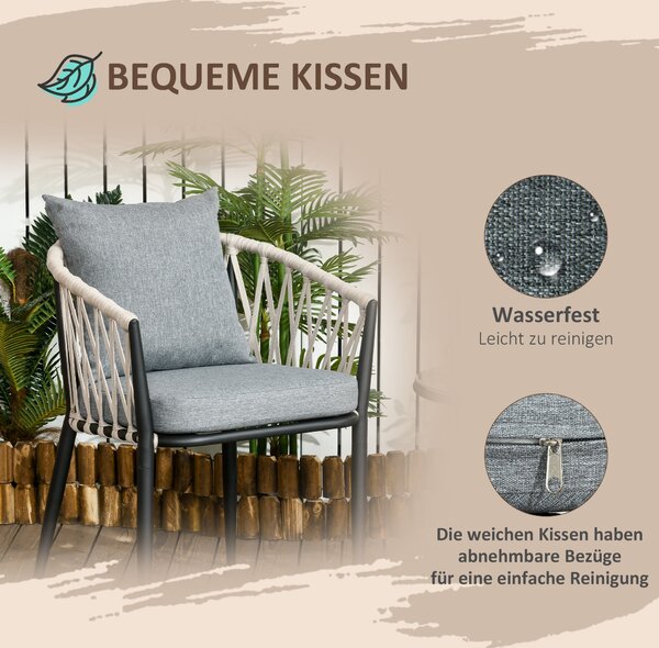 Outsunny 3-dílná zahradní souprava, bistro set zahrnující 1 stůl a 2 židle s polstry, balkonový set, zahradní nábytek pro terasu a balkon, ocel, šedá