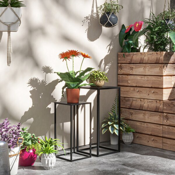 Outsunny Set 2 Květinových Stojanů, Stoličky na Květiny s Ocelovými Nohami, Skandinávský Design, Květinový Stojan na Zahradu a Balkon, Černá | Aosom