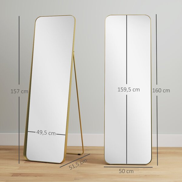HOMCOM Zrcadlo na celé tělo 160 x 50 cm Skleněné zrcadlo se zúženým kovovým rámem a nerozbitným sklem, podlahové zrcadlo pro stání, opření, zrcadlo do