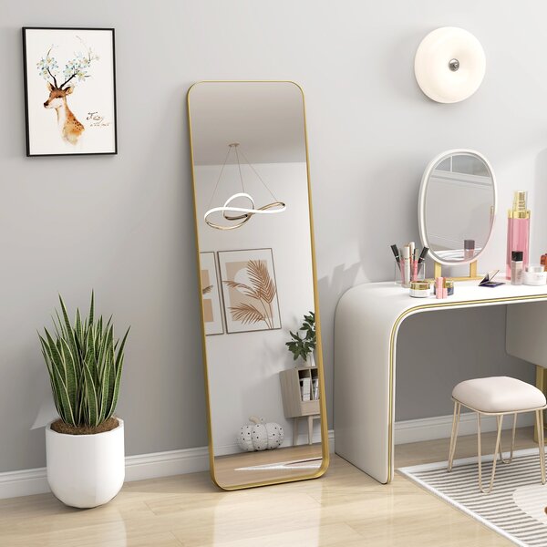 HOMCOM Zrcadlo na celé tělo 160 x 50 cm Skleněné zrcadlo se zúženým kovovým rámem a nerozbitným sklem, podlahové zrcadlo pro stání, opření, zrcadlo do