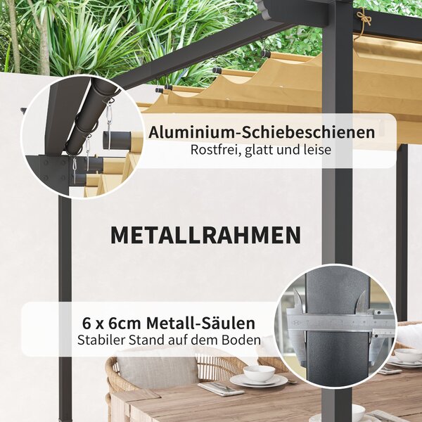 Outsunny Pergola 3x3m Zahradní Pavilon s Terasovým Střechou z Kovu, Zahradní Pavilon s Nastavitelnou Sluneční Clonou, UV Ochrana 30+, Samostatná Ochra