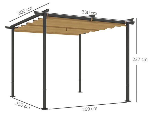 Outsunny Pergola 3x3m Zahradní Pavilon s Terasovým Střechou z Kovu, Zahradní Pavilon s Nastavitelnou Sluneční Clonou, UV Ochrana 30+, Samostatná Ochra