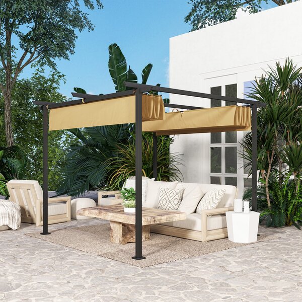 Outsunny Pergola 3x3m Zahradní Pavilon s Terasovým Střechou z Kovu, Zahradní Pavilon s Nastavitelnou Sluneční Clonou, UV Ochrana 30+, Samostatná Ochra