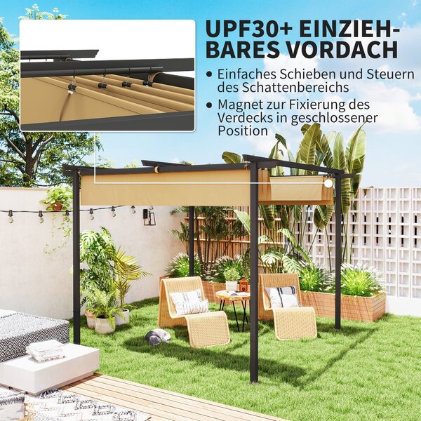 Outsunny Pergola 3x3m Zahradní Pavilon s Terasovým Střechou z Kovu, Zahradní Pavilon s Nastavitelnou Sluneční Clonou, UV Ochrana 30+, Samostatná Ochra