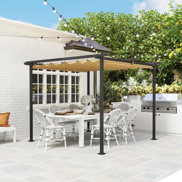 Outsunny Pergola 3x3m Zahradní Pavilon s Terasovým Střechou z Kovu, Zahradní Pavilon s Nastavitelnou Sluneční Clonou, UV Ochrana 30+, Samostatná Ochra