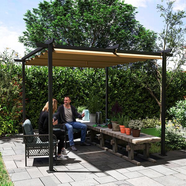 Outsunny Pergola 3x3m Zahradní Pavilon s Terasovým Střechou z Kovu, Zahradní Pavilon s Nastavitelnou Sluneční Clonou, UV Ochrana 30+, Samostatná Ochra