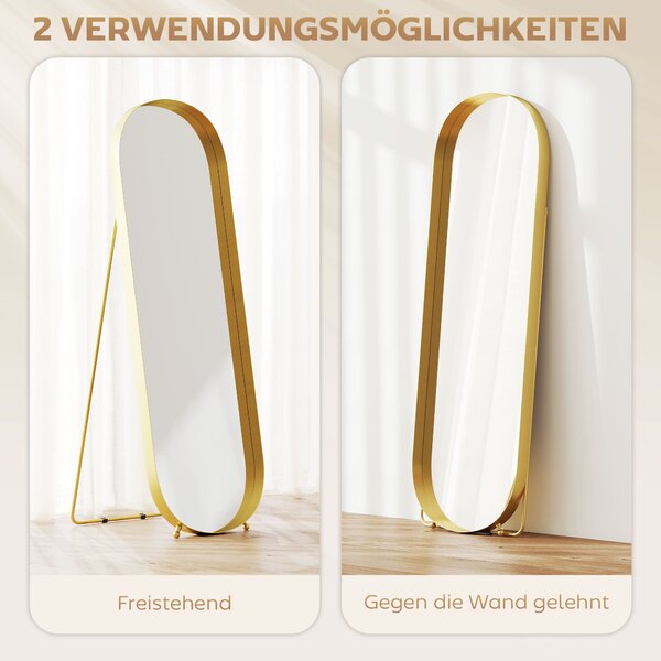 HOMCOM Zrcadlo v plné délce 160 x 50 cm s klenutým rámem, stojící zrcadlo s metalovým rámem a nerozbitným sklem pro obývací pokoj, ložnici a chodbu, Z
